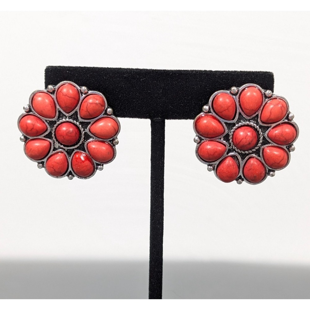 Beachy Boho Red Stone Concho Round‎ Flower Statement Earrings Western